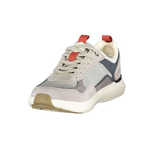 A gray sneaker with red accents, designed for men