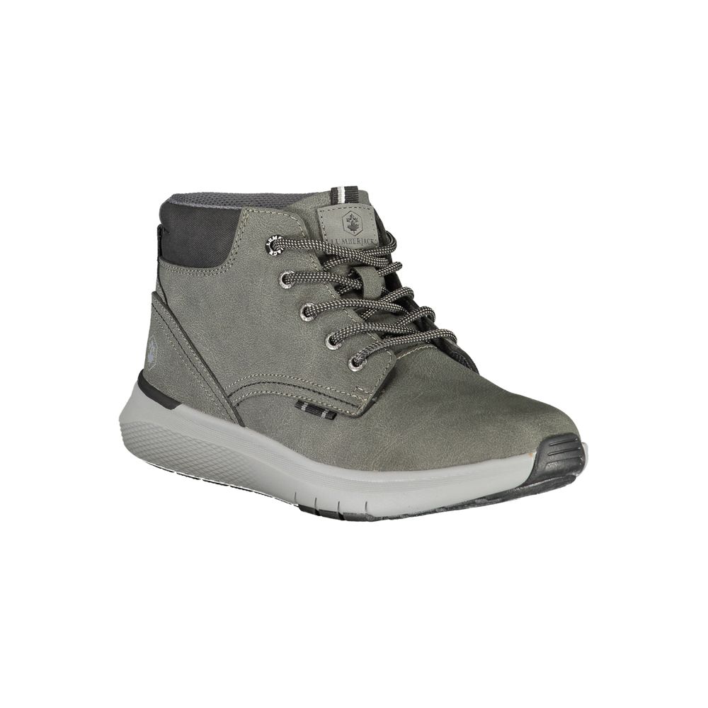 A gray men's sneaker with a white sole, laces, and logo on the side