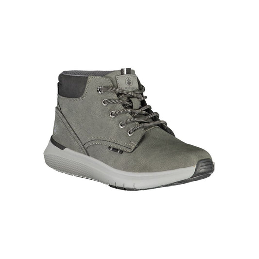A gray men's sneaker with a white sole, laces, and logo on the side
