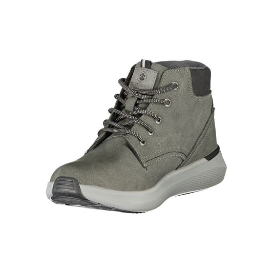Grey polyester men's sneaker with laces, rubber sole, and side zipper closure