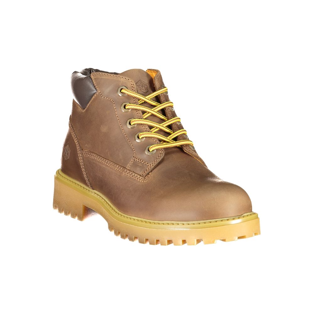 Brown leather men's boot with yellow laces, rubber sole and heel