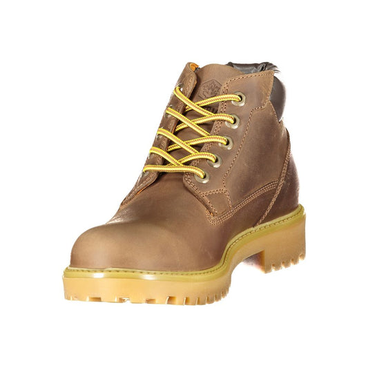 Brown leather men's boot with yellow laces, sturdy sole and side zipper