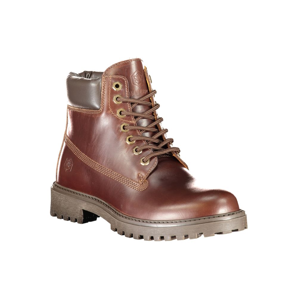 Brown leather lace-up boot with rubber sole, designed for men
