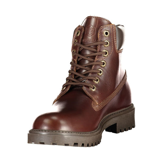 Brown leather lace-up boot with rubber sole, designed for men