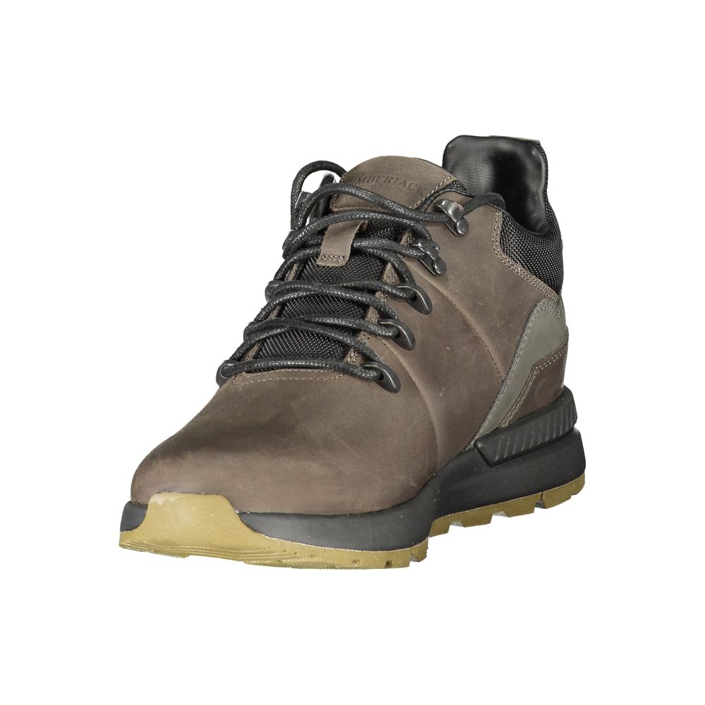 Brown men's hiking boot with black laces, rubber sole and heel, and a textured upper