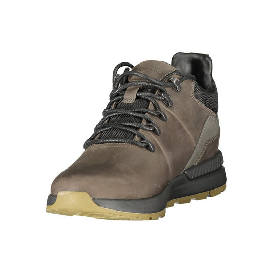 Brown men's hiking boot with black laces, rubber sole and heel, and a textured upper