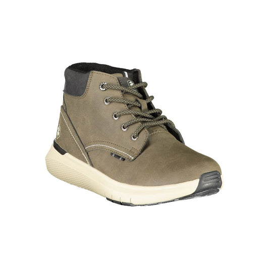 Brown men's sneaker with laces, rubber sole, and side panel stitching