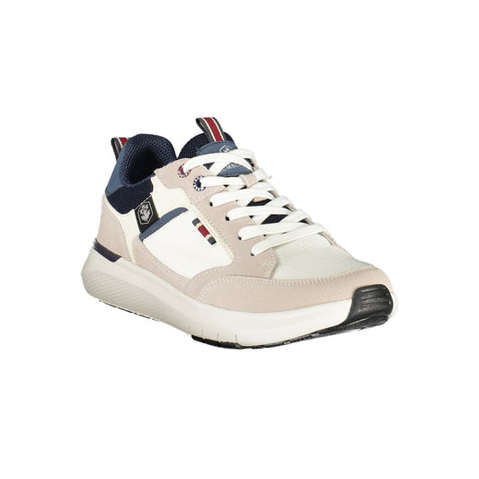 A white men's sneaker with blue accents, laces, and a rubber sole