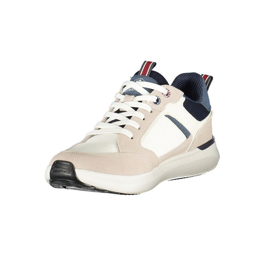 A white polyester men's sneaker with blue accents, laces, and a rubber sole
