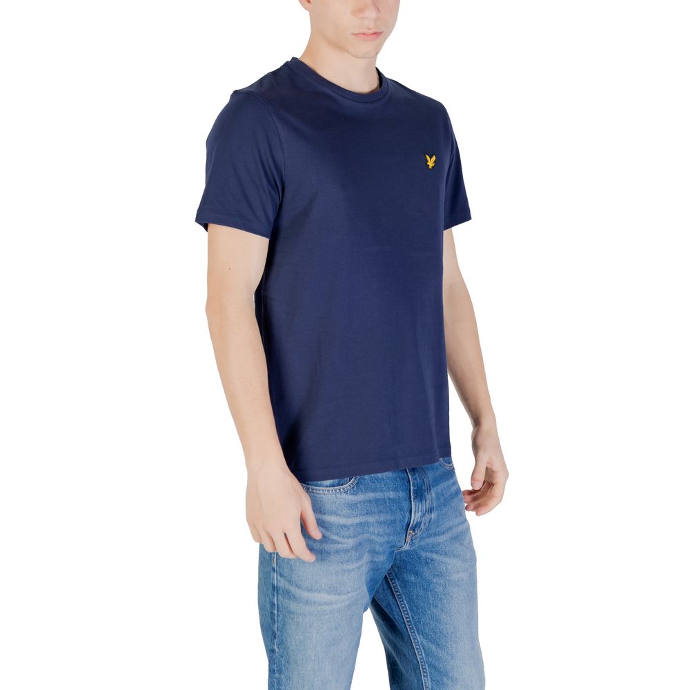 A blue cotton t-shirt with a yellow logo on the chest