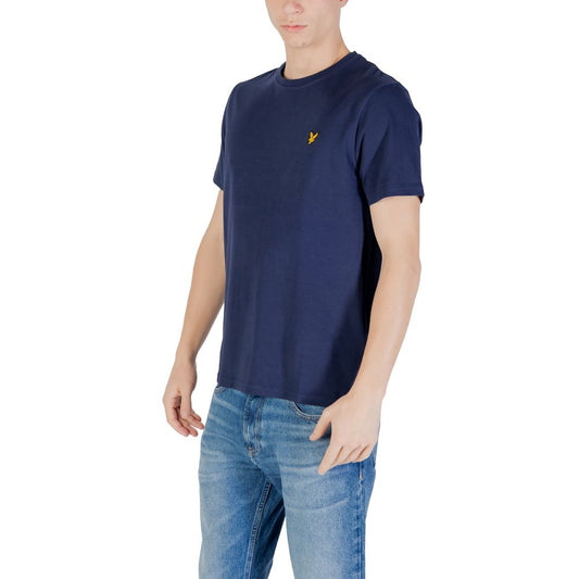 A blue cotton t-shirt with a small yellow logo on the left chest area