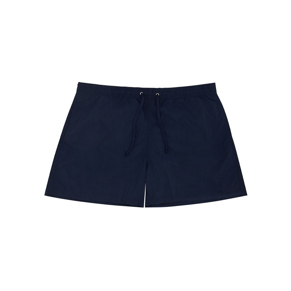 Navy blue swim trunks with drawstring waistband
