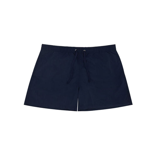 Navy blue swim trunks with drawstring waistband