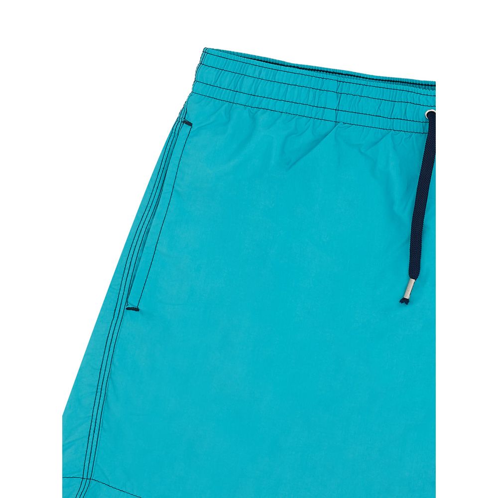 Blue swim trunks with drawstring waistband