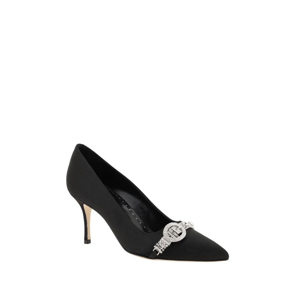 Black high heel shoe with a diamond buckle