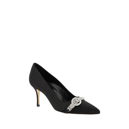 Black high heel shoe with a diamond buckle