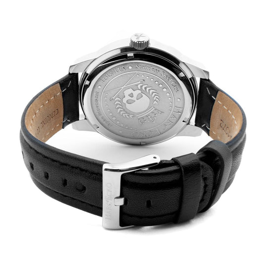 Silver watch with black leather strap featuring a logo on the face