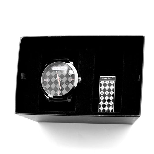 A black leather watch with a checkered face design