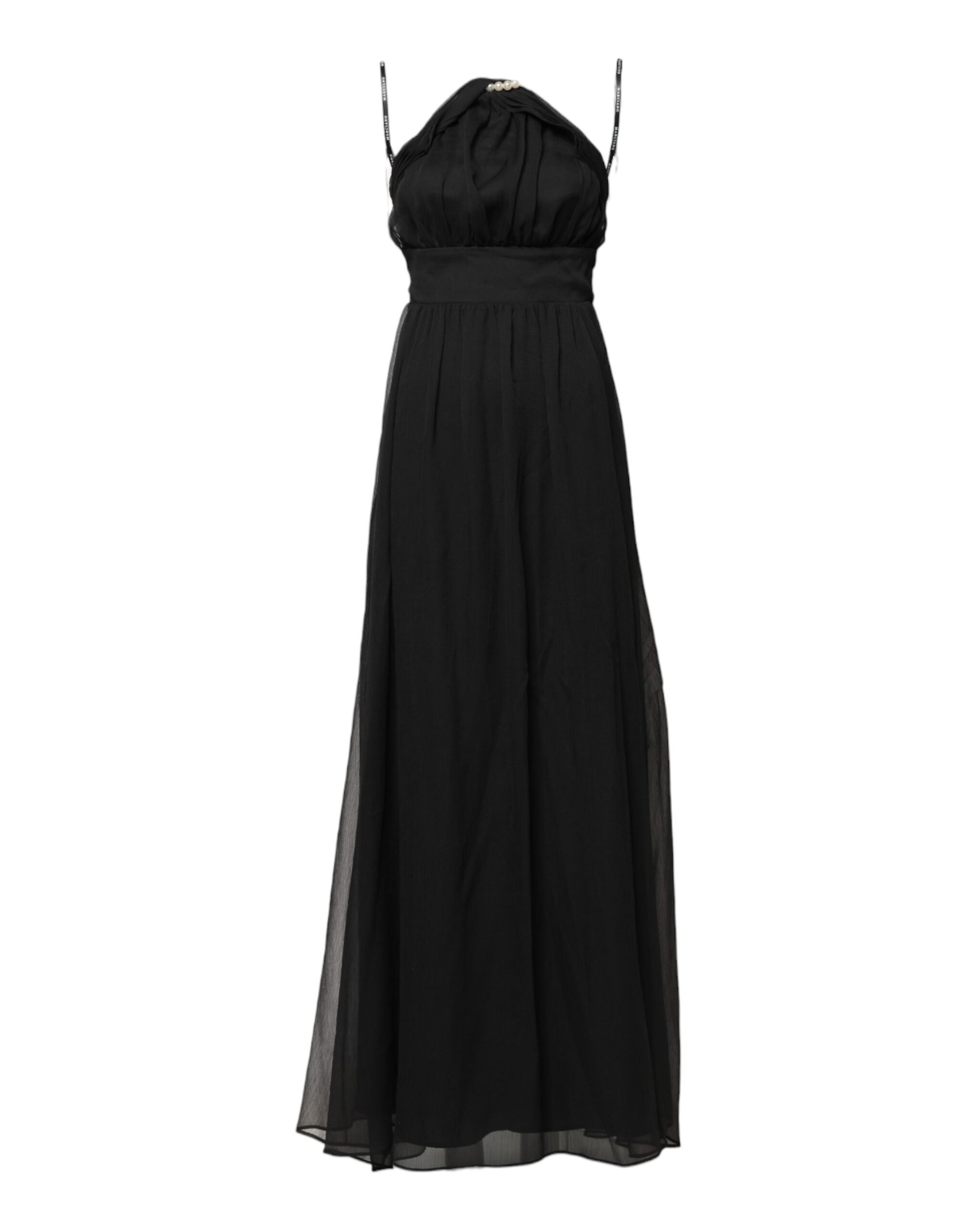 A long black tulle dress with pearl accents and sleeveless design