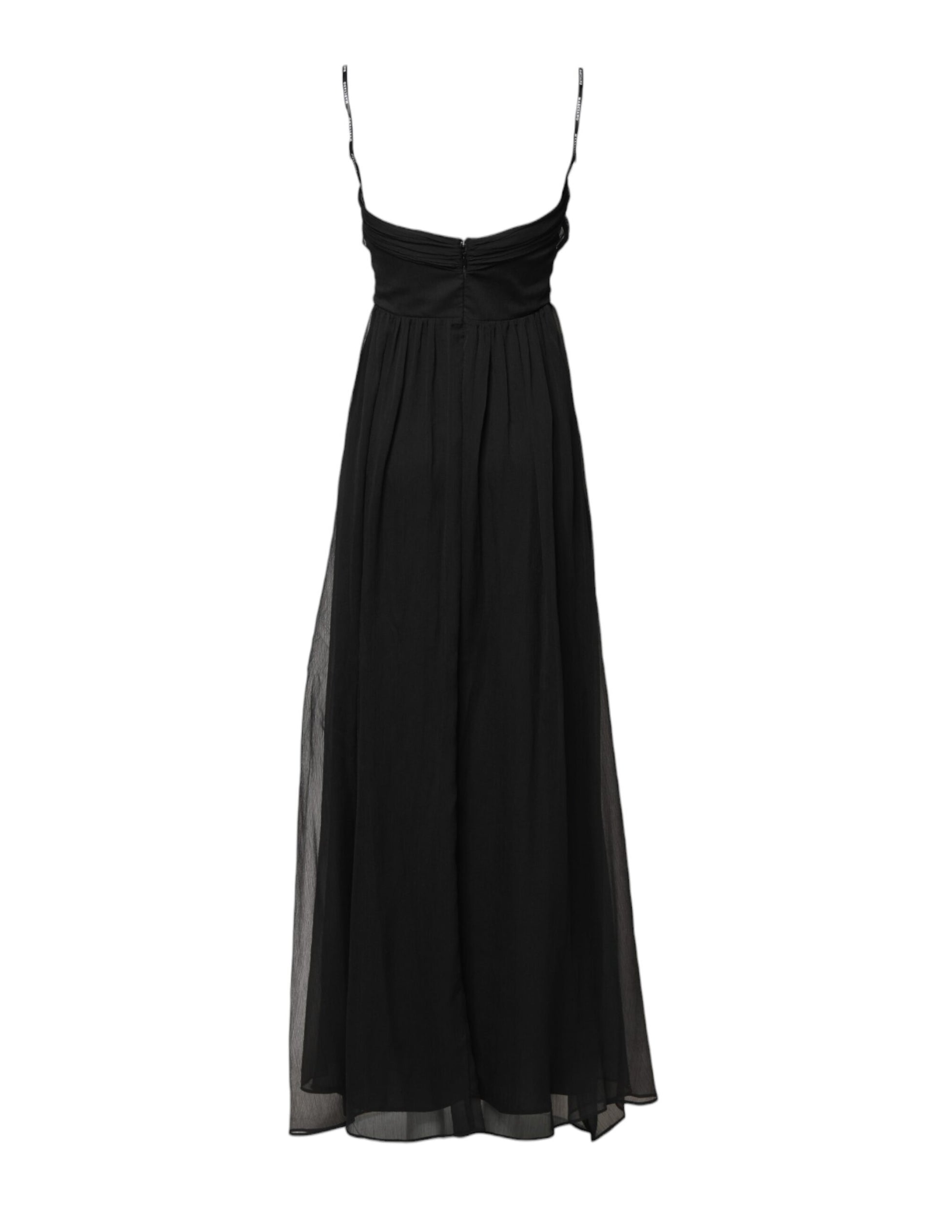 A long black tulle dress with pearl accents and sleeveless design