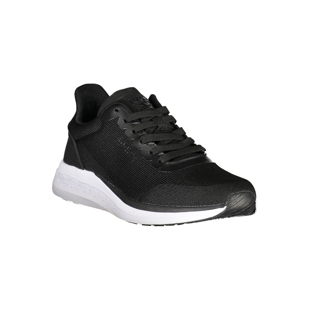 A black polyester men's sneaker with white sole