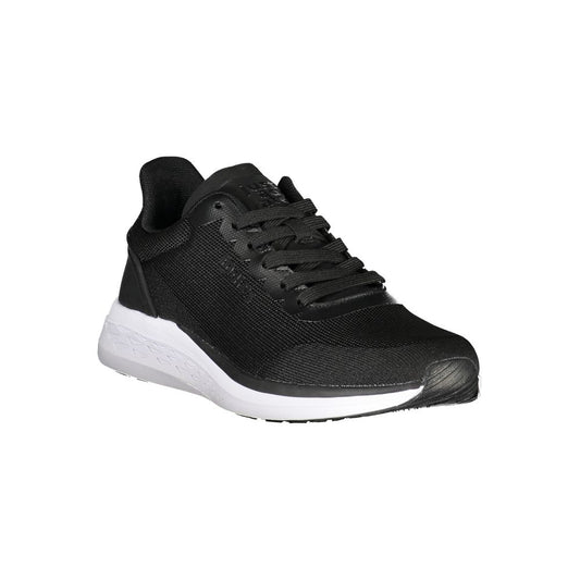 A black polyester men's sneaker with white sole