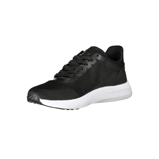 A black polyester men's sneaker with white sole