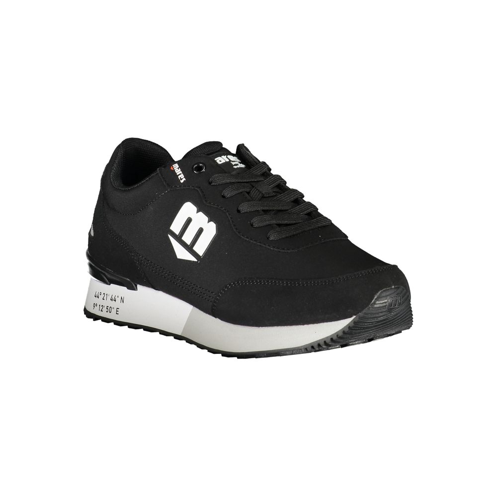 A black polyurethane men's sneaker with a white sole, featuring a logo on the side and a pull tab at the back
