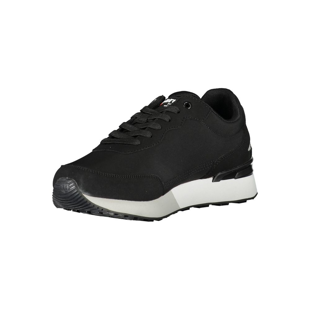 A black polyurethane men's sneaker with white sole, laces and logo