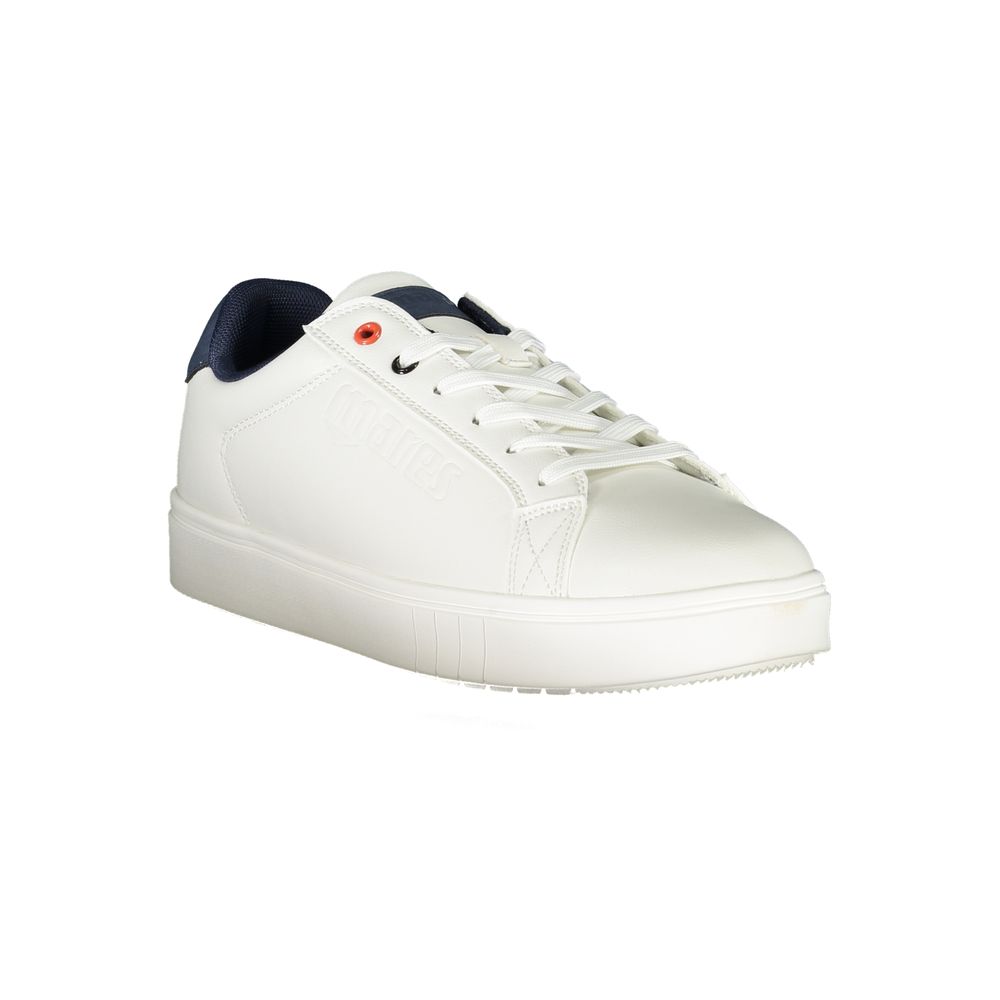 A white polyurethane men's sneaker with a red logo on the side