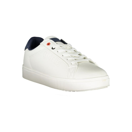 A white polyurethane men's sneaker with a red logo on the side