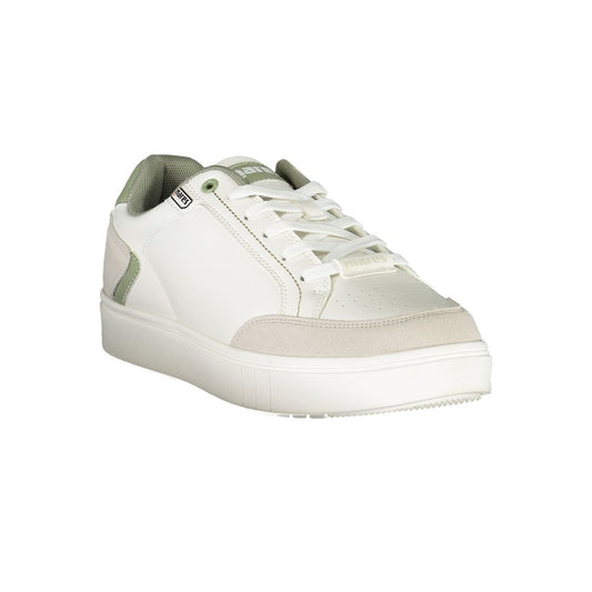 A white polyurethane men's sneaker with green accents
