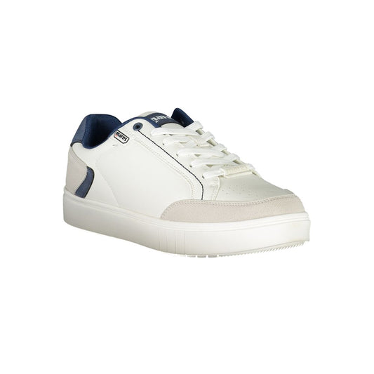 A white men's sneaker with blue accents, featuring a lace-up closure and a flat sole