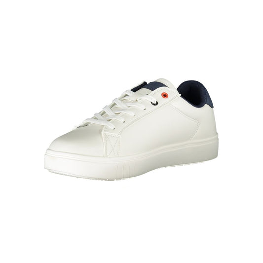 A white polyurethane men's sneaker with a blue logo on the side