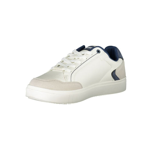 A white sneaker with blue accents for men