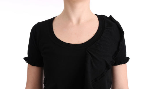 Black short sleeve blouse with ruffled neckline