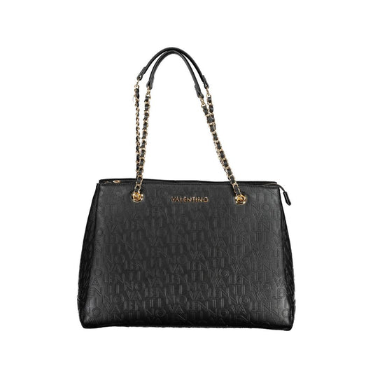 Black leather handbag with gold accents