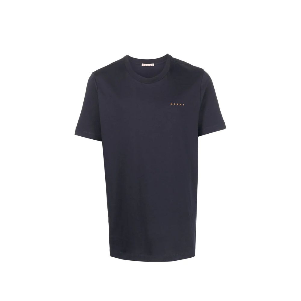 Navy blue short sleeve t-shirt on a hanger