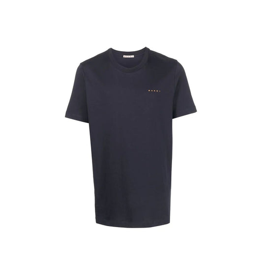 Navy blue short sleeve t-shirt on a hanger