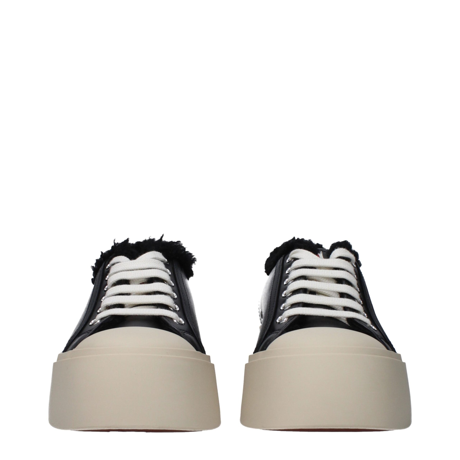 Pair of black leather chunky sneakers with white laces, featuring a fur-lined collar and a thick sole