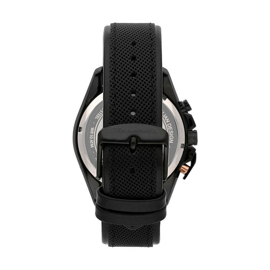 Black leather watch with silver face and brown stitching