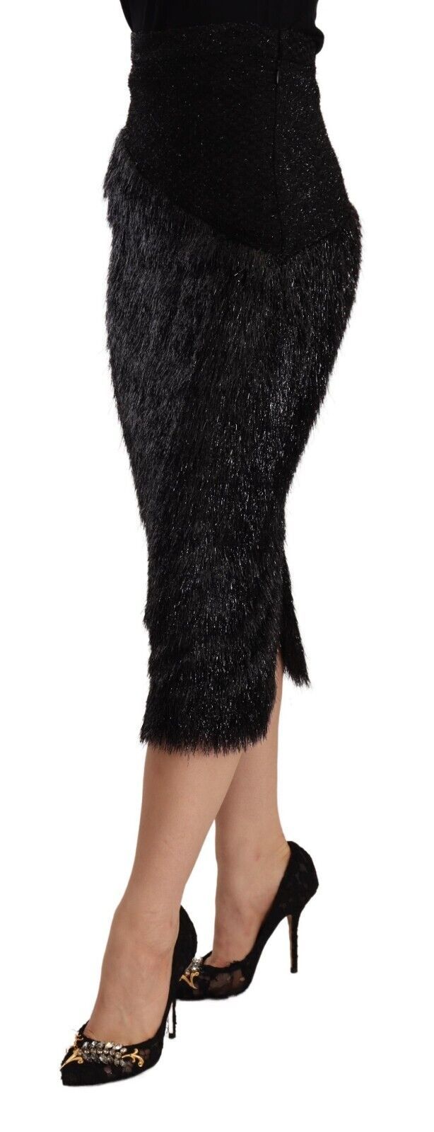 Black sequined dress with long sleeves and high neckline