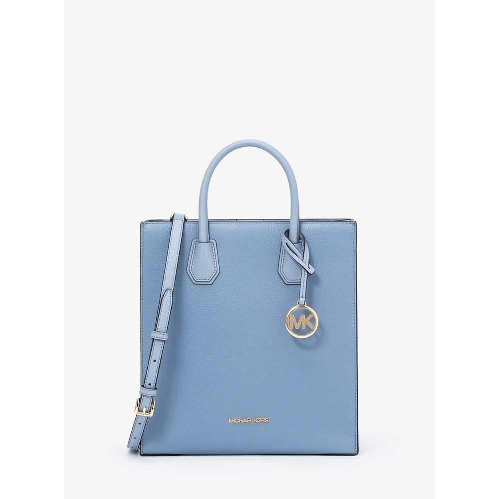 Blue leather handbag with gold hardware and logo