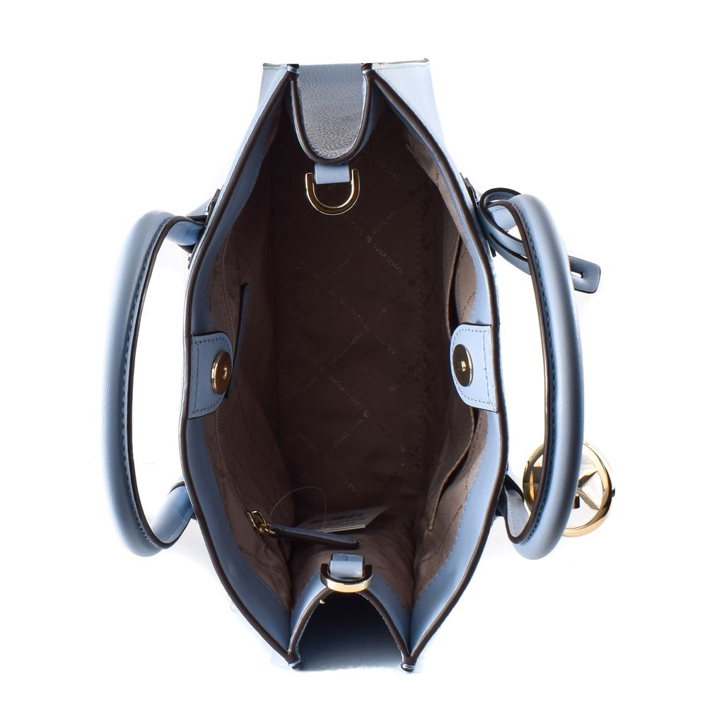 Brown leather handbag with blue handles and gold accents