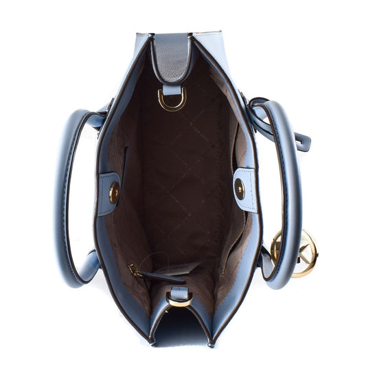 Brown leather handbag with blue handles and gold accents