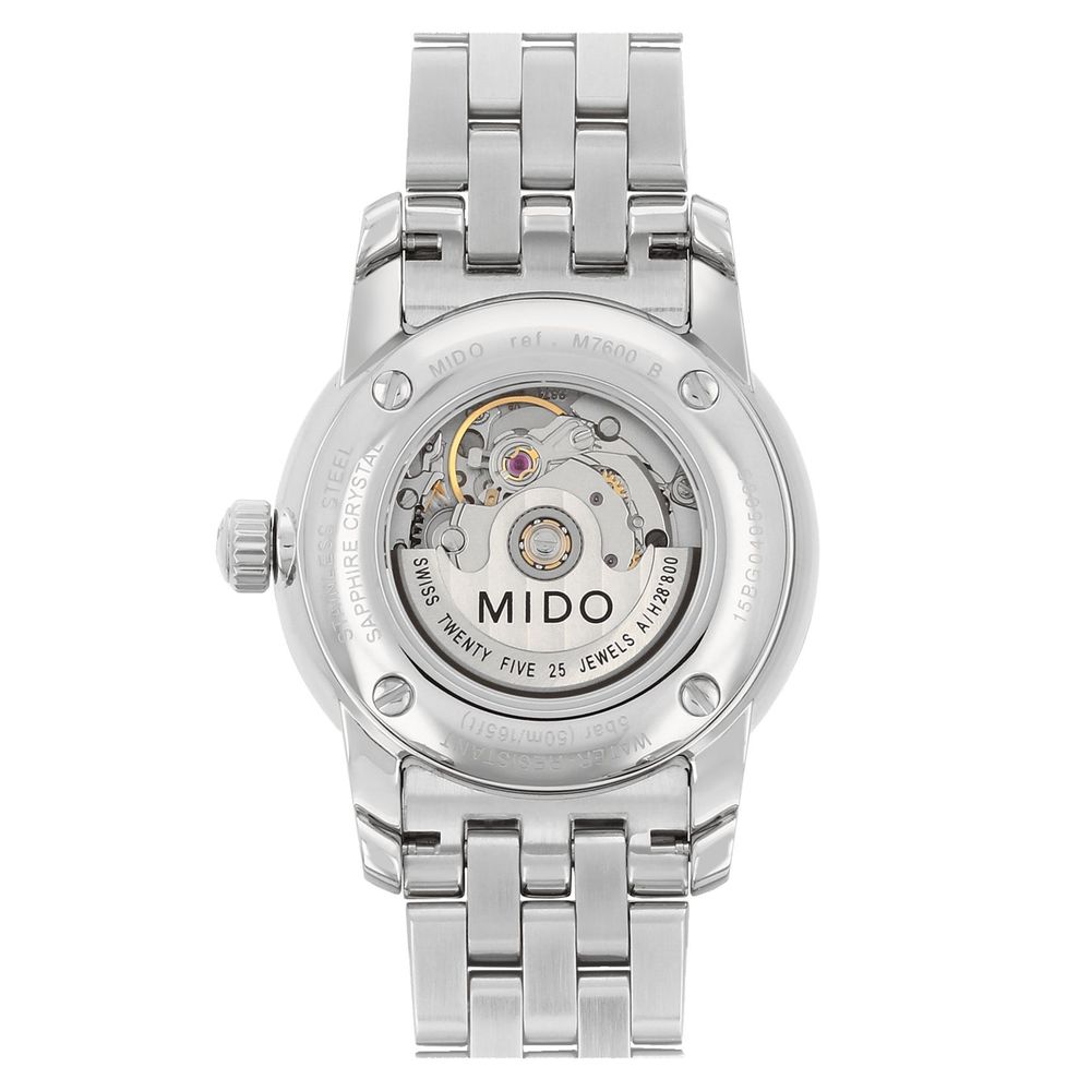 Silver watch with mechanical movement and gray strap