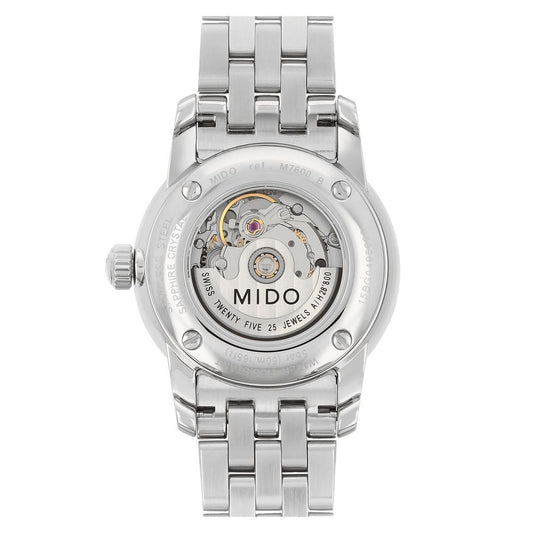 Silver watch with mechanical movement and gray strap