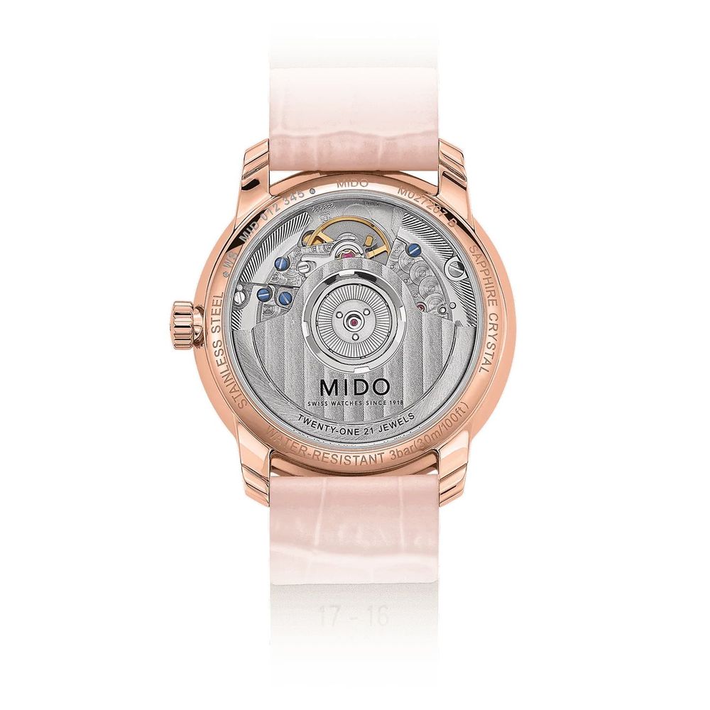 Pink watch with multicolored face and leather strap
