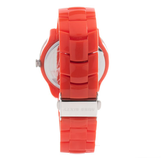 Red watch with white face and silver accents