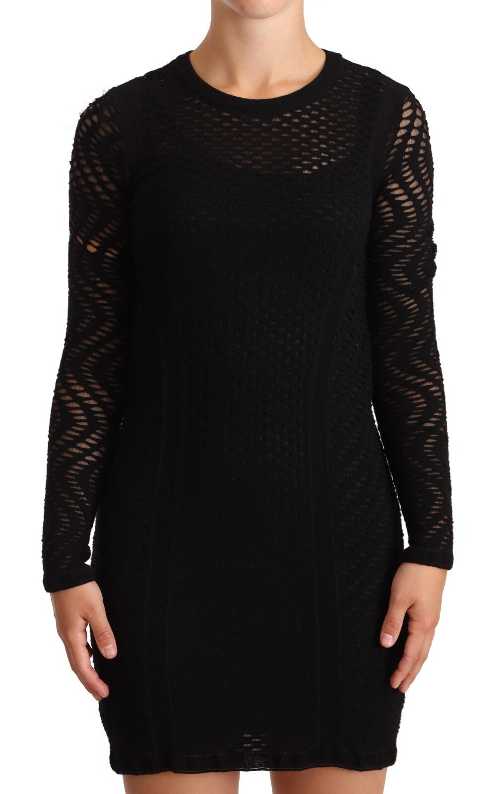 A black bodycon dress with long sleeves and a sheath silhouette, made of viscose fabric